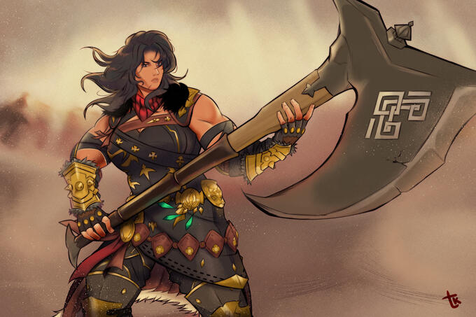 Muscular woman in black leather armor holding a giant rustic axe standing in a desert during the day. Sand and wind blowing through.